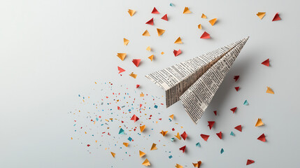 Poster - paper airplane made from newspaper is flying through colorful confetti, creating playful and dynamic scene. vibrant colors of confetti contrast with monochrome paper, adding festive touch