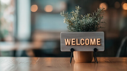 Leinwandbilder - Welcome sign on wooden table with potted plant, creating warm and inviting atmosphere. Perfect for home decor or hospitality settings