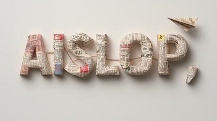 Aufkleber - Colorful letters spelling AISLOP made from newspaper clippings, showcasing creativity and artistic expression. paper airplane adds playful touch