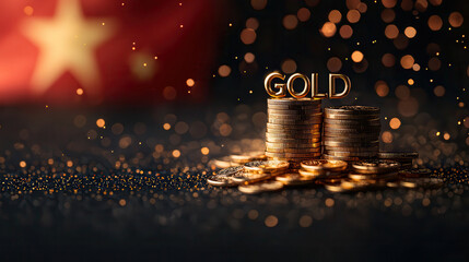 Fototapete - Gold coins stacked with word GOLD shining above, symbolizing wealth and prosperity, against blurred background with sparkling lights and hint of flag
