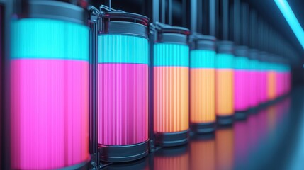 Wall Mural - a vibrant display of neon-colored tubes lined up in a futuristic setting, showcasing a blend of blue