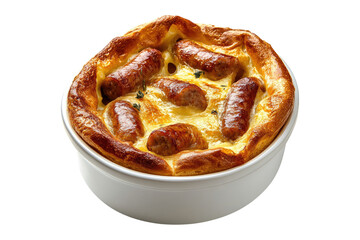 Wall Mural - Yorkshire pudding and sausages in white dish isolated on white or transparent, PNG