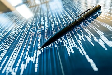 A black pen lies on a computer screen filled with lines of code, symbolizing the intricate world of software development.