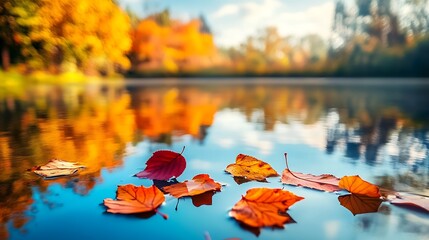 Canvas Print - Colorful autumn leaves float on calm lake water, reflecting vibrant fall foliage.