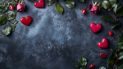 Canvas Print - Dark textured background decorated with red hearts and roses, leaving central space for text or design.