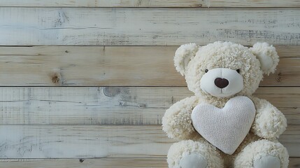 Teddy bear with heart on wooden wall background, valentine concept