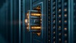 © Wilasini - A 3D depicting an encrypted data vault stored in the cloud with a glowing lock mechanism controlling access to the secure digital storage system  The image showcases the futuristic