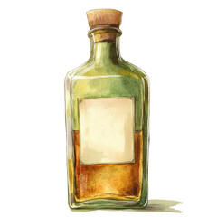 Poster - The image depicts a watercolor painting of a vintage glass bottle with a cork stopper and a blank label, filled with an amber liquid.