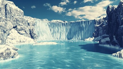 Wall Mural - Frozen waterfall cascading into icy lake, snowy mountains, winter landscape, travel poster