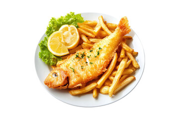 Wall Mural - Traditional fish and chips with golden crispy fish fillet and fries isolated on white or transparent, PNG