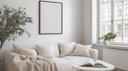 Fototapete - Minimalist living room interior with beige couch and cushions, light wood flooring, white walls, and natural light. Features black-framed blank artwork, potted plant, and cozy accents like an open boo