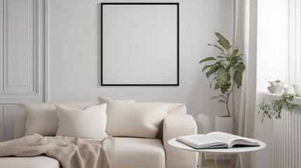 Fototapete - Minimalist living room interior with beige couch and cushions, light wood flooring, white walls, and natural light. Features black-framed blank artwork, potted plant, and cozy accents like an open boo