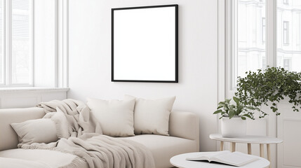 Fototapete - Minimalist living room interior with beige couch and cushions, light wood flooring, white walls, and natural light. Features black-framed blank artwork, potted plant, and cozy accents like an open boo