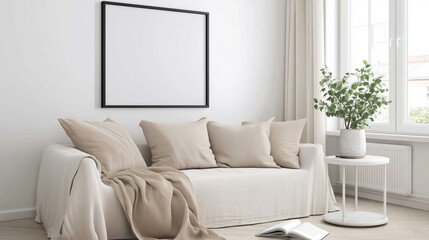 Fototapete - Minimalist living room interior with beige couch and cushions, light wood flooring, white walls, and natural light. Features black-framed blank artwork, potted plant, and cozy accents like an open boo