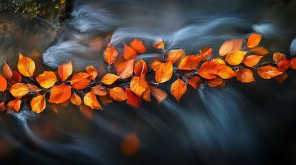 Canvas Print - Vibrant orange autumn leaves floating on a gently flowing stream.