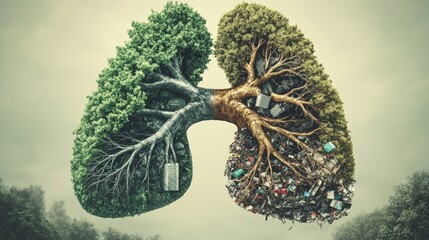 Poster - A surreal image depicting a tree shaped like human lungs, one side vibrant and green, while the other is brown and filled with trash, symbolizing environmental impact.