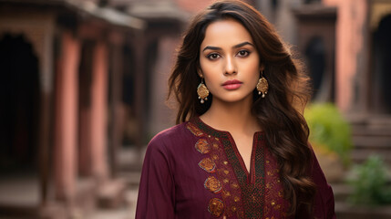 a graceful indian girl in a deep burgundy kurta, exuding beauty and royal elegance.