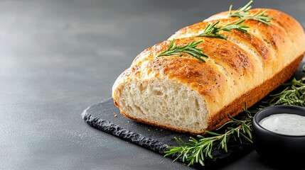 Wall Mural - Rosemary bread loaf sliced on slate, dark background, ideal for food blogs and recipe websites