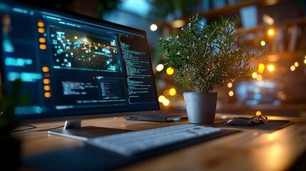 Modern workspace with computer, coding screen, indoor plants, and blurred lights in background