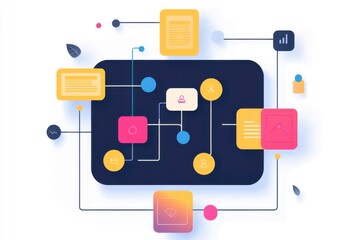 a colorful, abstract illustration depicting interconnected nodes and shapes, representing data flow 