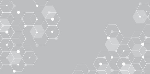 Leinwandbilder - Molecular structure abstract tech background. Geometric grey background. Vector banner design with hexagons. Science network pattern, connecting lines and dots Medical background, Vector illustration	