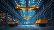 © YONG - In the large steel factory, there is an overhead crane hanging from two long yellow trucks and two cranes on top of them.
