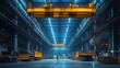 © YONG - In the large steel factory, there is an overhead crane hanging from two long yellow trucks and two cranes on top of them.