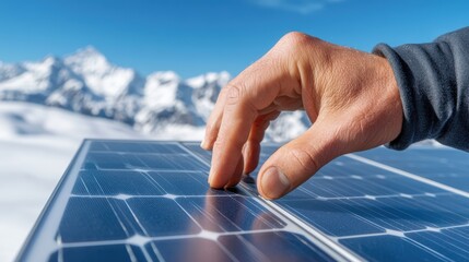 Wall Mural - Close-up of a worker hand using a tablet to monitor renewable energy systems in the field