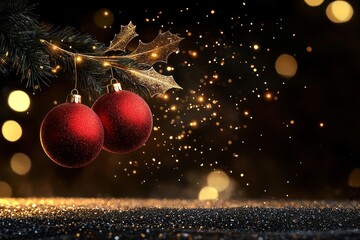 Wall Mural - Golden Bokeh Christmas Card with Red Balls and Streamers