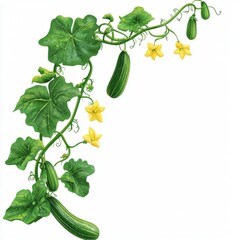 Wall Mural - Lush Green Cucumber Plant with Yellow Flowers and Fresh Vegetables on a White Background