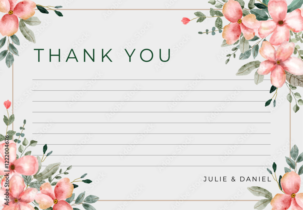 thank you card pink floral watercolor frame Stock Vector | Adobe Stock