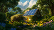 © GoldPumaze - A house with solar panels surrounded by lush green trees and blooming flowers, promoting an eco-friendly and sustainable lifestyle, with a focus on renewable energy.