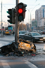 Wall Mural - Intersection showing signs of a crash with damaged traffic lights and vehicles