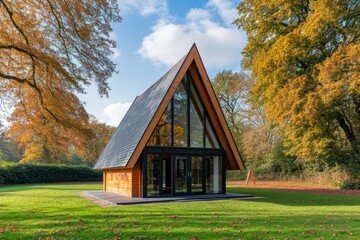 A small countryside chapel with an A-frame design, warm timber cladding, and an open glass front