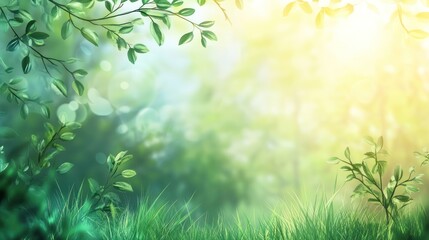 A lush green forest illustration with bokeh effects creates a peaceful and serene natural scene