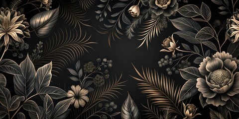 Wall Mural - Elegant Gold and Black Floral Botanical Design for Luxurious Decor