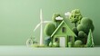 © Kunchan - Futuristic eco friendly home with wind turbine  solar panels  and other vibrant green renewable energy and sustainable technology elements in a minimalist  nature inspired 3D digital