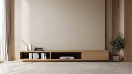 Poster - Minimalist living room interior with wooden media console and natural decor. Beige wall, light stone floor, and green plant creating a serene and stylish atmosphere in soft natural lighting.