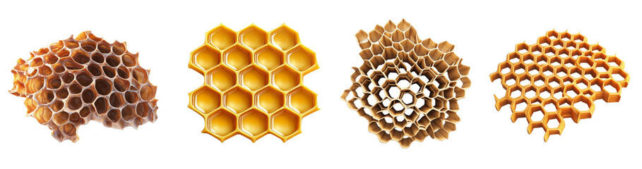 Fototapete - A comparison of four different honeycomb structures showcasing variations in texture and the presence or absence of honey.