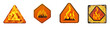 © yendisupiandi - The image showcases four different variations of fire warning signs; each sign displays stylized flames on different shapes and levels of distress.
