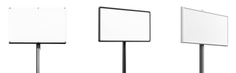 The image shows three blank, white advertisement signs mounted on separate poles, ideal for mockup designs.