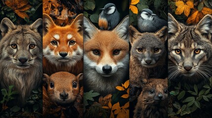 Naklejka na meble A Captivating Collage of Forest Wildlife: Foxes, Bobcats, Squirrel, Bird, in Detailed Portraits Amidst Autumnal Foliage