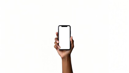Wall Mural - hand holding smartphone with blank screen against white background. perfect for app demos or mobile 