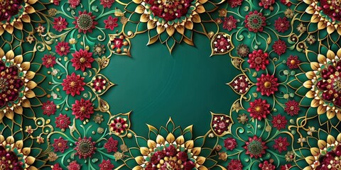 Wall Mural - Luxurious Emerald Green and Gold Floral Mandala Design with Ornate Flourishes and Jewel-toned Accents