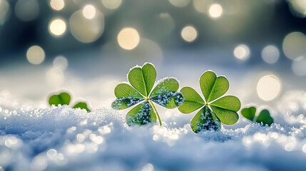 Wall Mural - Four Clover with snow in winter season, Lucky clover leaves with four leaf,Clover flowers background,Patricks day,Spring flower pattern,St. Patrick s day seamless pattern,copy space.