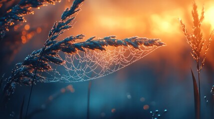 A spider web is on a leaf in a field of grass. The spider web is very intricate and delicate, and it is surrounded by the grass.