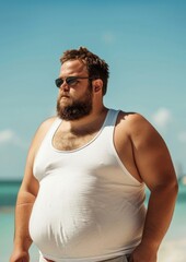 Wall Mural - Fat man wearing white tank top summer beach adult.