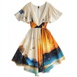 © Umme - Sunset Sky Printed Dress: A captivating short dress featuring a stunning sunset sky print.  The dress boasts a flattering v-neckline, flowy short sleeves, and a flowing fit.