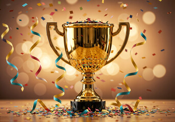 gold cup, achievement award confetti around . generative ai