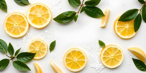 Wall Mural - slices of lemon and lemon slices are surrounded by stains of water and green mint leaves, arranged on a white background